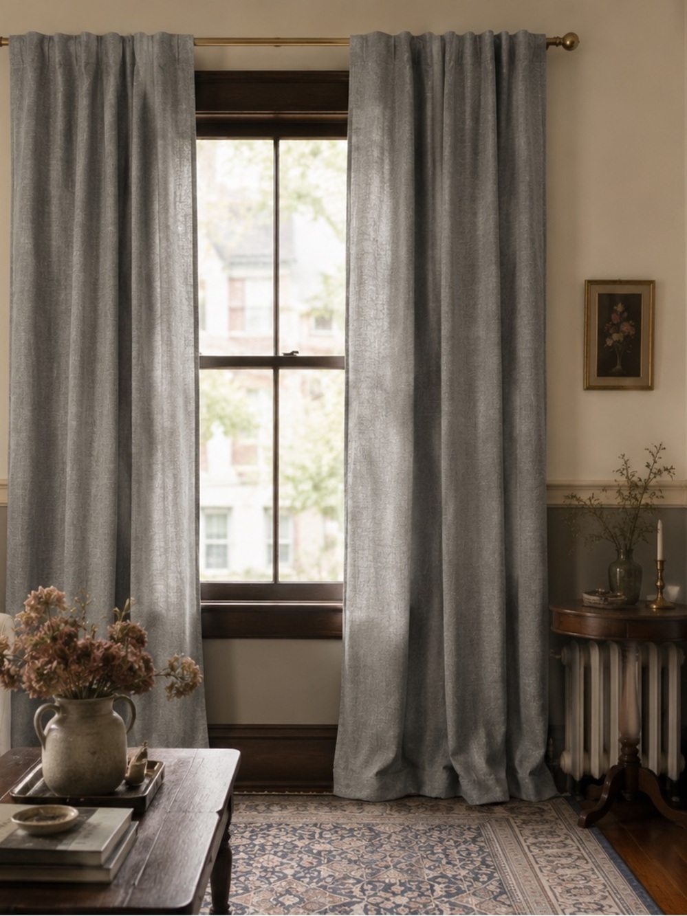 Gray Textured Linen Black Out Window Panel/Curtains (2)